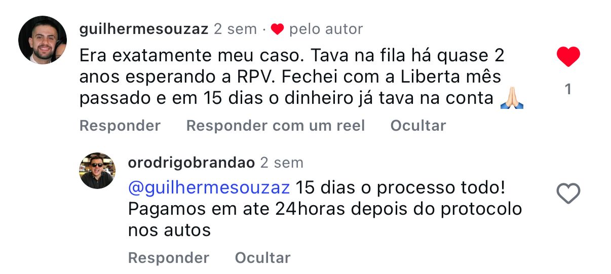 Comentário de cliente no Instagram sobre a Liberta